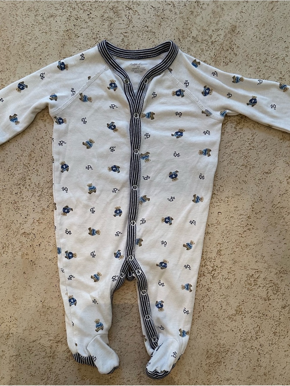 Ralph Lauren Cream Footed One-Piece with Blue Bear & Navy Trim